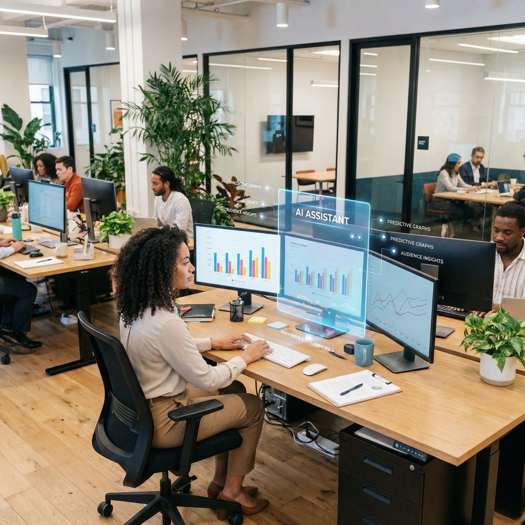 Professional working with AI-powered analytics dashboards in a modern office